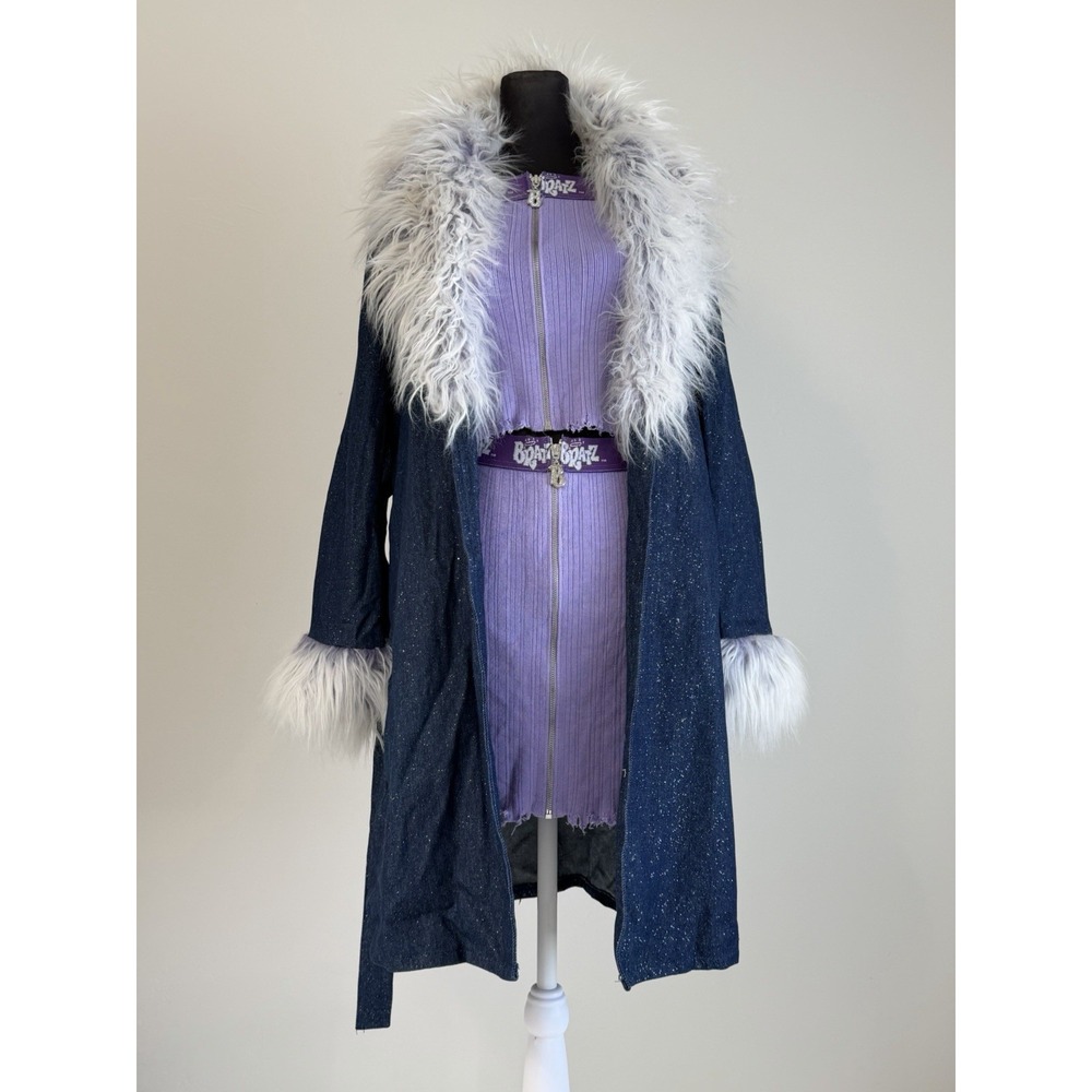 Dolls Kill x Bratz 3 Pc Set Sparkle Denim Fur Coat Purple Top Skirt Y2K  Sz M